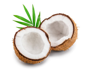 half of coconut with leaves isolated on white background