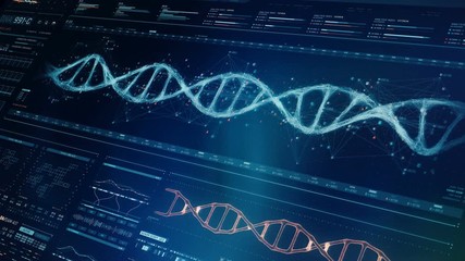 Detailed digital interface of futuristic DNA analysis process. Human DNA sequence monitor. High quality medical HUD. Perspective view of cold blue futuristic medical glass screen with out of focus eff