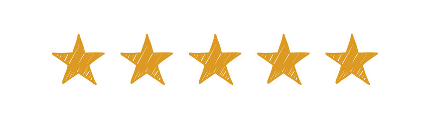 hand drawn five gold stars on the white background. rating concept
