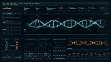 Detailed digital interface of futuristic DNA analysis process. Human DNA sequence monitor. High quality medical HUD. Front view of green futuristic medical screen in hospital.
