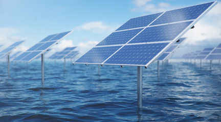 3d illustration solar panels in the sea or ocean. alternative energy. concept of renewable energy. e