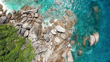 Wall Mural - Aerial drone view of a beautiful coral reef, small beach and granite rocks (Similan Islands)