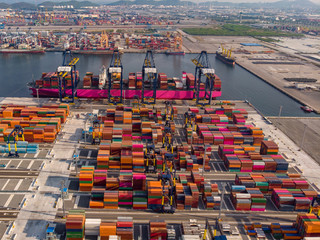 Aerial view, harbor by crane, international water transport.