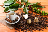 Fototapeta Kuchnia - White cup of hot coffee on wooden table. Orange wood pinus.