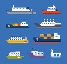 Various Kind Of Ships. Flat Design Style Minimal Vector Illustration