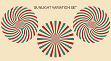 Sunlight Variation Set. Abstract Sunlight Red Yellow Blue And Green Colors Background. Carnival Circus Style For Circling Animation. Star Burst Sun Beam Vector Circle Illustration For Banner