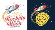 Rocket moon flying - retro logo vector illustration. Stamp print style. Grunge distressed texture on a separate layer.