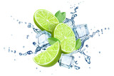 Fototapeta Dinusie - Fresh limes, mint leaves, ice cubes and water splashes, isolated on white background