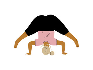 Poster - Plump Woman in Wide Legged Forward Bend Pose, Curvy Girl Practicing Yoga, Healthy Lifestyle Vector Illustration