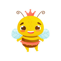 Poster - Bee in a pink crown and skirt. Cartoon style. Vector illustration on white background.