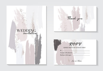 Design templates in pastel grey pink colors.Event invitation mockup. Can be used in perfumery, cosmetic and fashion business. Soft colors and glitter foil brush strokes