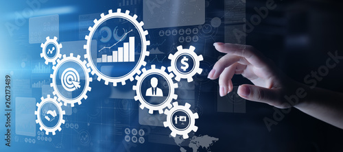 Fotomural Business process management, automation workflow, document validation, connected gear cogs with icons, technology concept