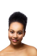 Smiling african young woman beauty portrait. Clean skin, islated, white background