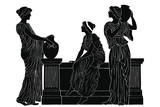 Fototapeta  - Three ancient Greek women are talking near the parapet with jugs. Antique fresco on a beige background with an aging effect.