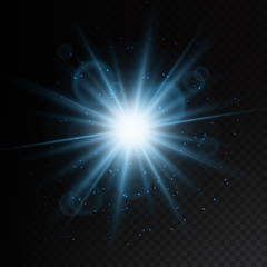 Wall Mural - Star burst with sparkles and lens flare isolated on transparent background. Glow blue light effect with glitter. Vector flash beams template.