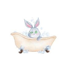 Rabbit Taking A Bath. Hand Drawn Watercolor Illustration