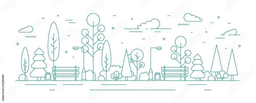 Monochrome banner template with city park or garden, trees, bushes, street lights and benches. Urban recreational area or zone. Creative colorful vector illustration in modern line art style. - obrazy, fototapety, plakaty 