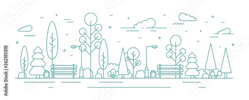 Monochrome Banner Template With City Park Or Garden Trees Bushes