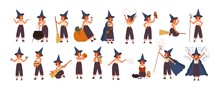 Collection Of Cute Little Witch In Hat Flying On Broom, Making Magic Potion In Pot, Reading Books. Set With Girl Practicing Witchcraft Isolated On White Background. Flat Cartoon Vector Illustration.