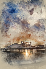 Wall Mural - Watercolour painting of Winter sunset  over Brighton pier.