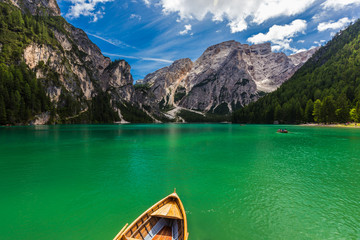 Wall Mural - amazing view of turquoise Lago di Braies Lake or Pragser Wildsee in Dolomite mountains , Italy