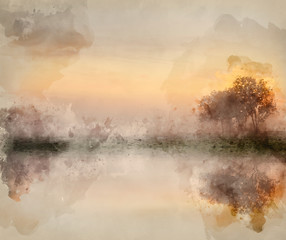 Wall Mural - watercolour painting of stunning vibrant autumn foggy sunrise english countryside landscape image