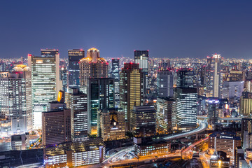 Fototapete - Osaka downtown skyline from Umeda sky building at night
