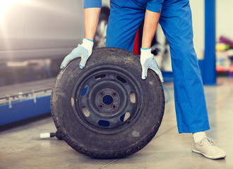 car service, repair, maintenance and people concept - auto mechanic man with wheel tire at workshop