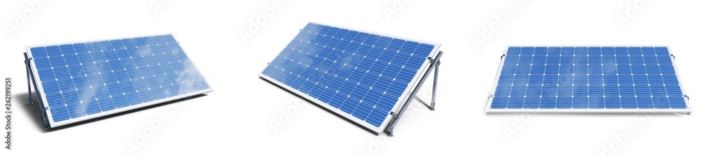 3D illustration solar panels isolated on white background. Set solar panels with reflection beautiful blue sky. Concept of renewable energy. Ecological, clean energy. Eco, green energy. Solar cells. - obrazy, fototapety, plakaty 