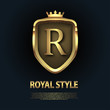 Letter R on the shield with crown isolated on dark background. Golden 3D initial logo business vector template. Luxury, elegant, glamour, fashion, boutique for branding purpose. Unique classy concept