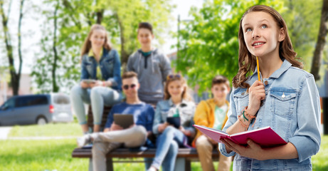 education, school, inspiration and people concept - young woman or teenage student girl in denim jac