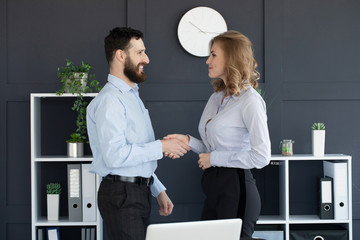 Bearded Businessman And Businesswoman Shaking Hands In Office 