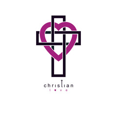 Christian Love and True Belief in God vector creative symbol design, combined with Christian Cross and heart, vector logo or sign.