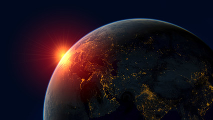 Wall Mural - red sunrise over planet earth, realistic 3d illustration