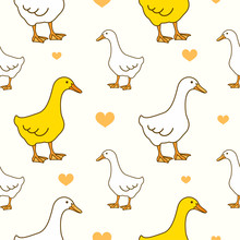 Duck Seamless Pattern Vector Illustration. Cute White And Yellow Ducks.
