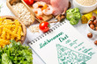 © anaumenko - Mediterranean diet concept - meat, fish, fruits and vegetables on bright green background