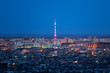 Aerial view of Yakutsk, Yakutia skyline with TV tower illuminated in bright colors and center of city in beautiful post sunset twilight during blue hour