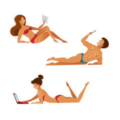 Set of young people in bathing suits with gadgets, reading lying on the beach. A woman with a book, a girl with a laptop, a man with a smartphone. Flat design, vector illustration.