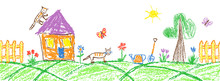 Summer Garden Or Village Seamless Border. Gardening Tools And Funny Doodle Tabby Cat. Like Child Hand Drawing Outdoor Copy Space. Crayon, Pastel Chalk Or Pencil Vector Flower, Fence, House, Rubber Boo