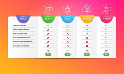 E-mail, Debit card and Spanner icons simple set. Comparison table. Ab testing sign. Communication by letters, Wallet with credit card, Repair service. Test chart. Business set. Pricing plan. Vector