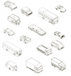 Set with contours of different cars in isometric. Vector illustration