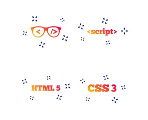 Programmer coder glasses icon. HTML5 markup language and CSS3 cascading style sheets sign symbols. Random dynamic shapes. Gradient code icon. Vector