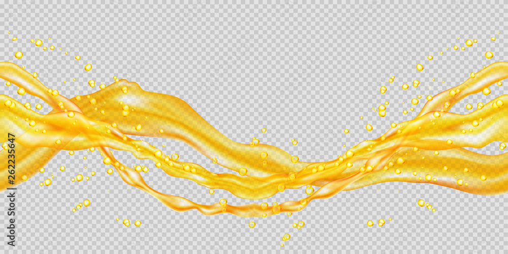 Transparent orange juice splash. Horizontal seamless pattern. The right and left sides of the illustration seamlessly fit together. Realistic vector illustration. - obrazy, fototapety, plakaty 