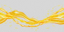 Transparent Orange Juice Splash. Horizontal Seamless Pattern. The Right And Left Sides Of The Illustration Seamlessly Fit Together. Realistic Vector Illustration.