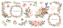 Vector. Wreaths.  Botanical Collection Of Wild And Garden Plants. Set: Leaves, Flowers, Branches, Pink Roses,floral Arrangements, Natural Elements.