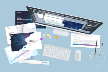 Creative workspace concept, top view. Flat design vector illustration for graphic and website design and development, creative process, business planning, strategy and presentation, internet marketing