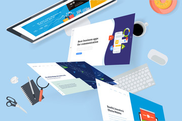 Creative workspace concept, top view. Flat design vector illustration for graphic and website design and development, creative process, business planning, strategy and presentation, internet marketing
