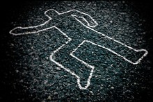 Crime Scene With Body Outline Chalk Drawing On Asphalt Ground, Selective Focus.