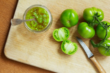 Jam Or Chutney In A Glass Jar Made Of Green Tomatoes, Home Canning Concept
