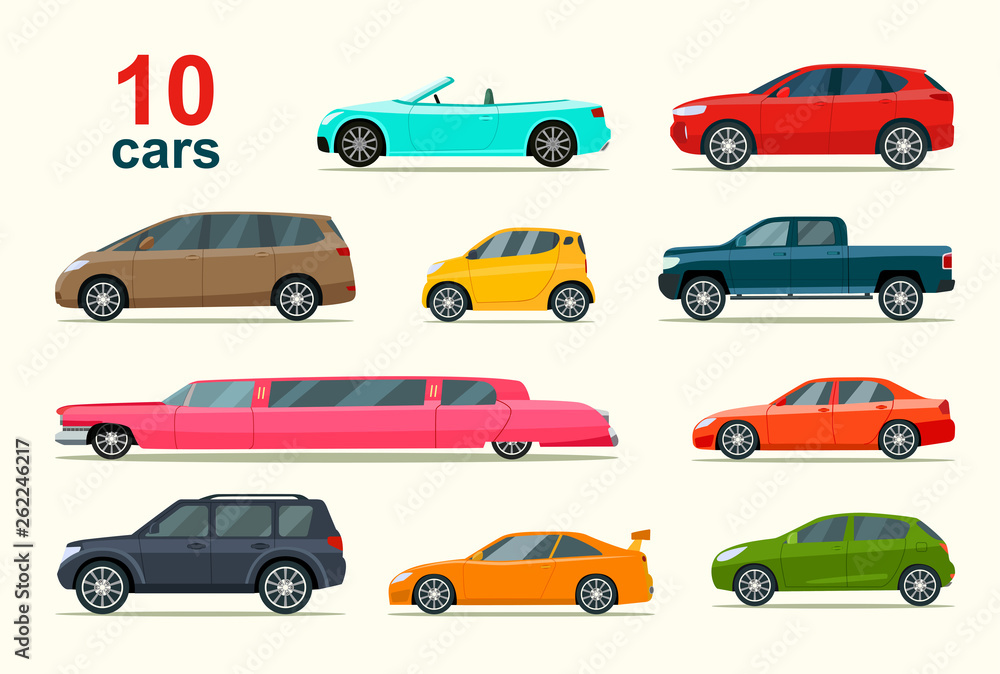Big set of different models of cars. Vector flat style  illustration - obrazy, fototapety, plakaty 